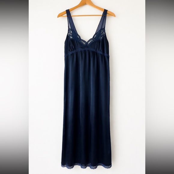 Dior Other - Christian Dior Lingerie 70’s 80's Sapphire Navy Lace Night Gown Slip Dress small